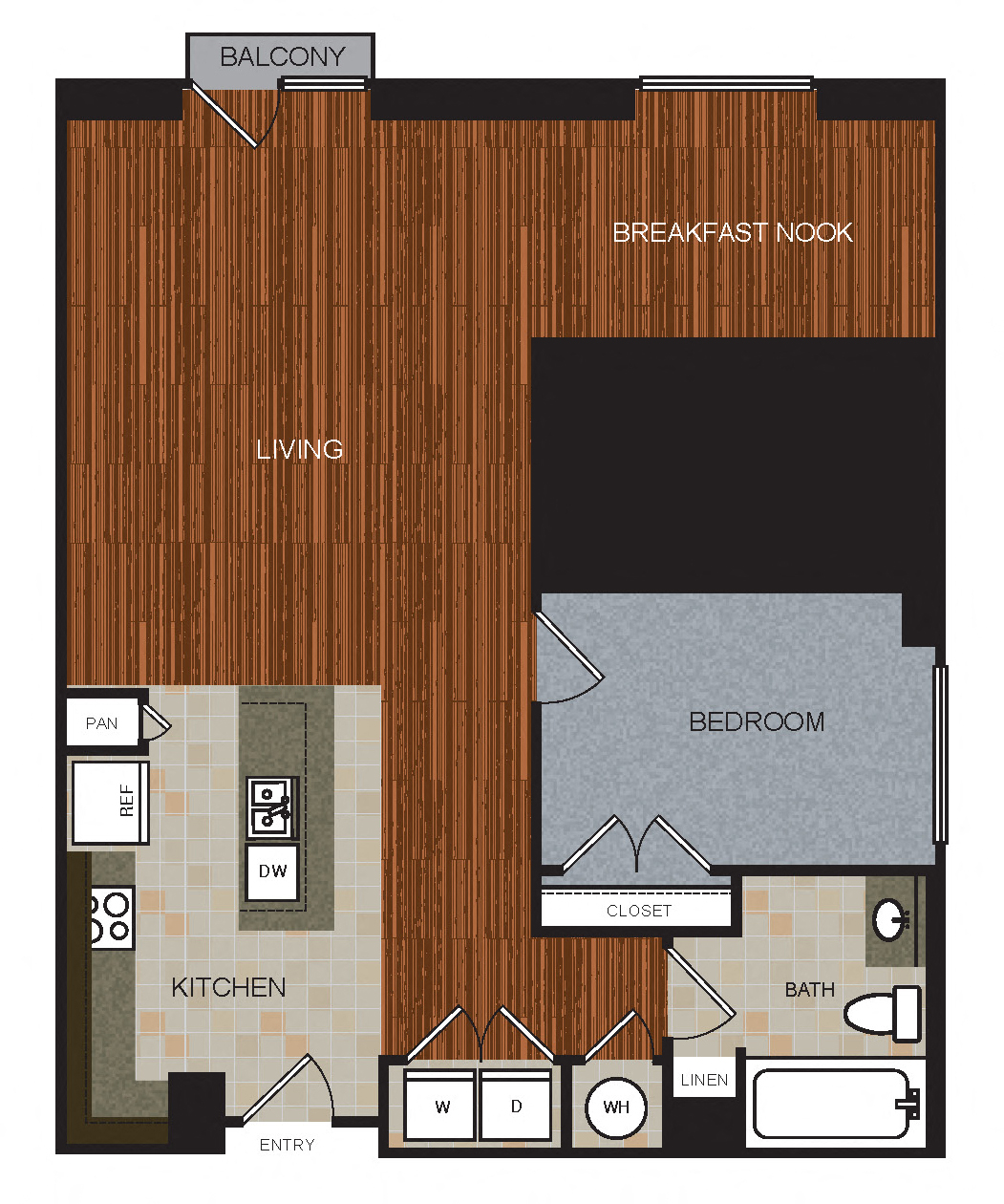 Floor plan for 1 bed, 1 bath, 994 sqft
